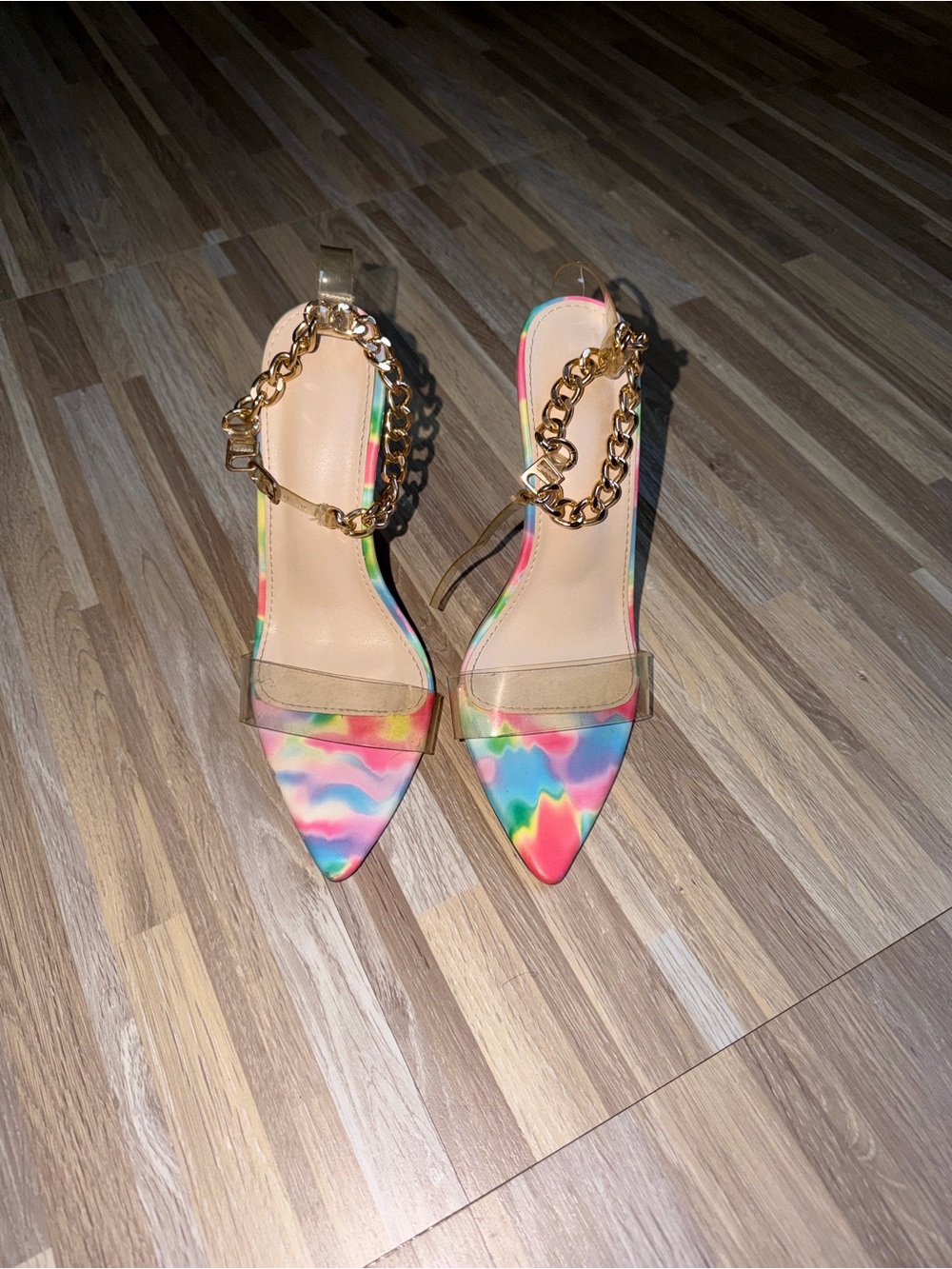 Fashion Nova Multicolor Tie-Dye Pointed Toe Slingback Heels with Gold Chain